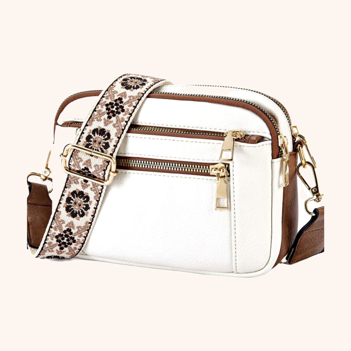 Sac Bandoulière Multipoches en cuir vegan, coloris Blanc & Camel - La Maison Cabas