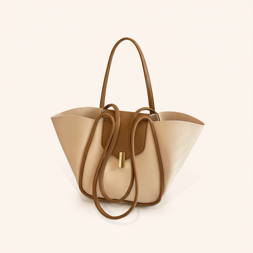 Sac Cabas Trapèze Cuir Vegan à Fermoir Doré, coloris Beige - La Maison Cabas