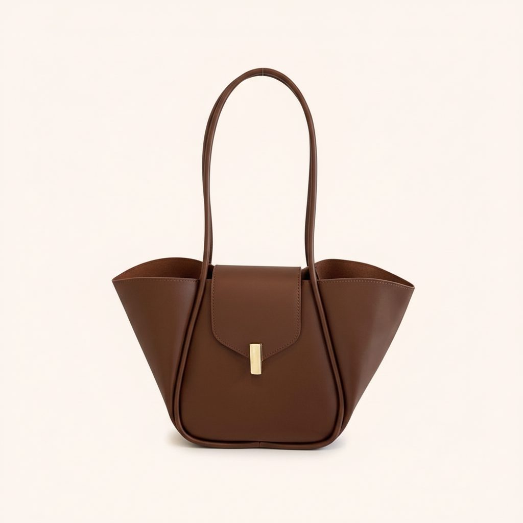 Sac Cabas Trapèze Cuir Vegan à Fermoir Doré, coloris Marron - La Maison Cabas