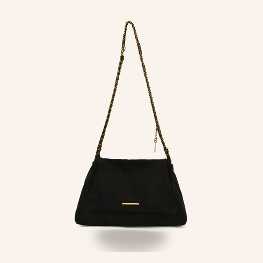 Sac Besace Suédine Vegan à Chaîne Dorée Vintage, coloris Noir - La Maison Cabas