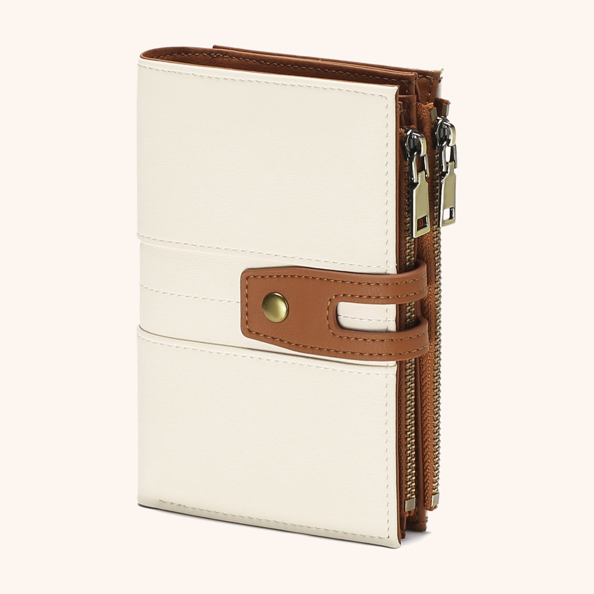 Petit Portefeuille Compact Pochette Photo en cuir vegan, coloris Blanc & Marron - La Maison Cabas