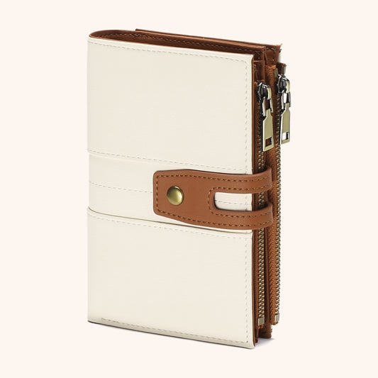 Petit Portefeuille Compact Pochette Photo en cuir vegan, coloris Blanc & Marron - La Maison Cabas