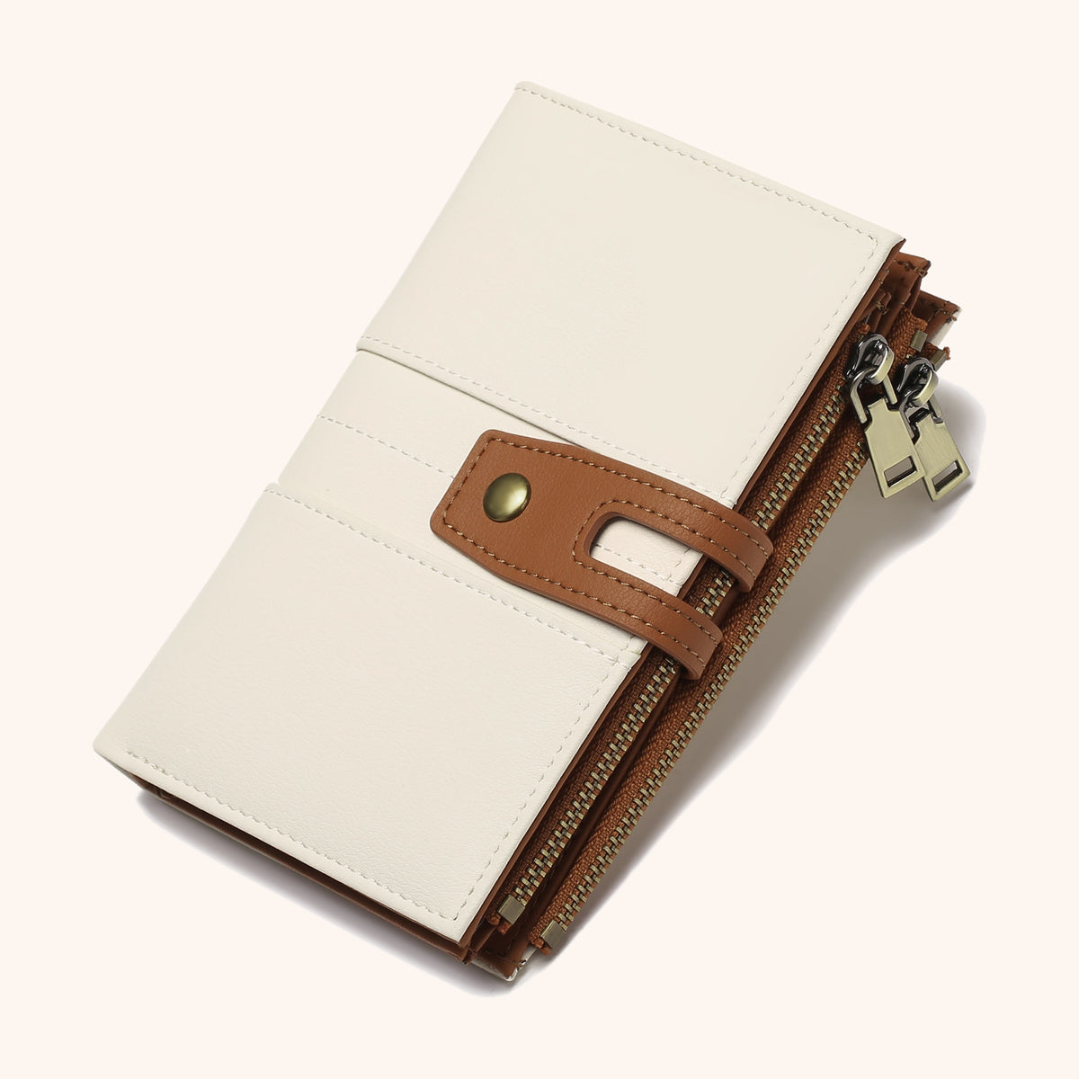 Petit Portefeuille Compact Pochette Photo en cuir vegan, coloris Blanc & Marron, vue détail - La Maison Cabas