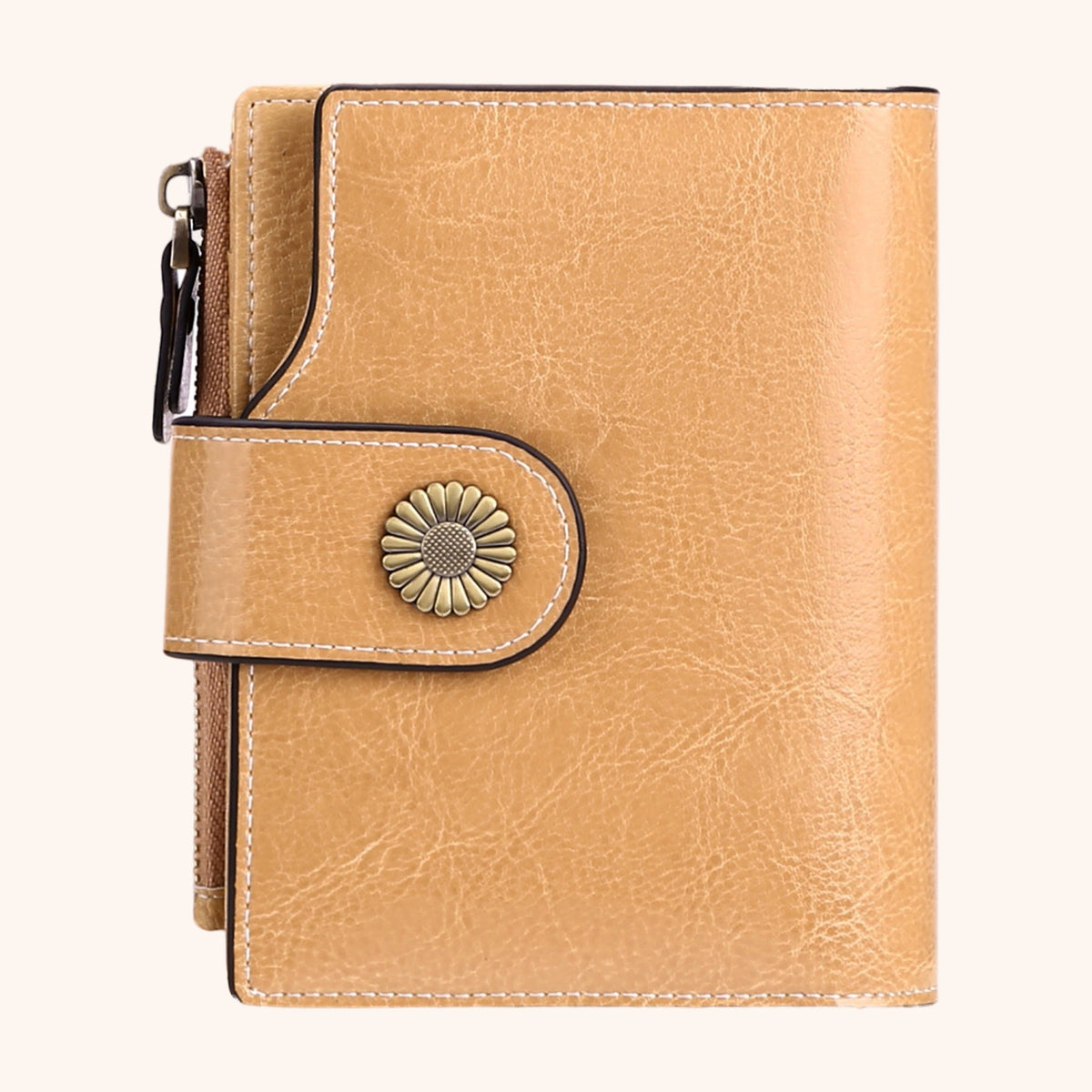 Portefeuille Compact Multifonction en cuir vegan, coloris Camel - La Maison Cabas