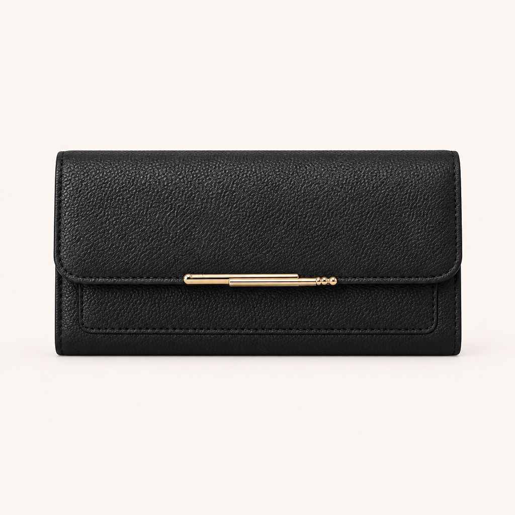 Portefeuille Trifold Cuir Vegan Grainé à Fermoir Doré