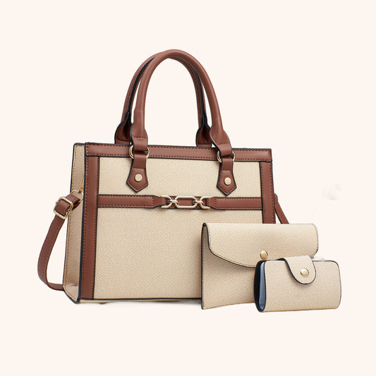 Sac Trois Pièces Femme en cuir vegan et toile tressée, ensemble complet - La Maison Cabas