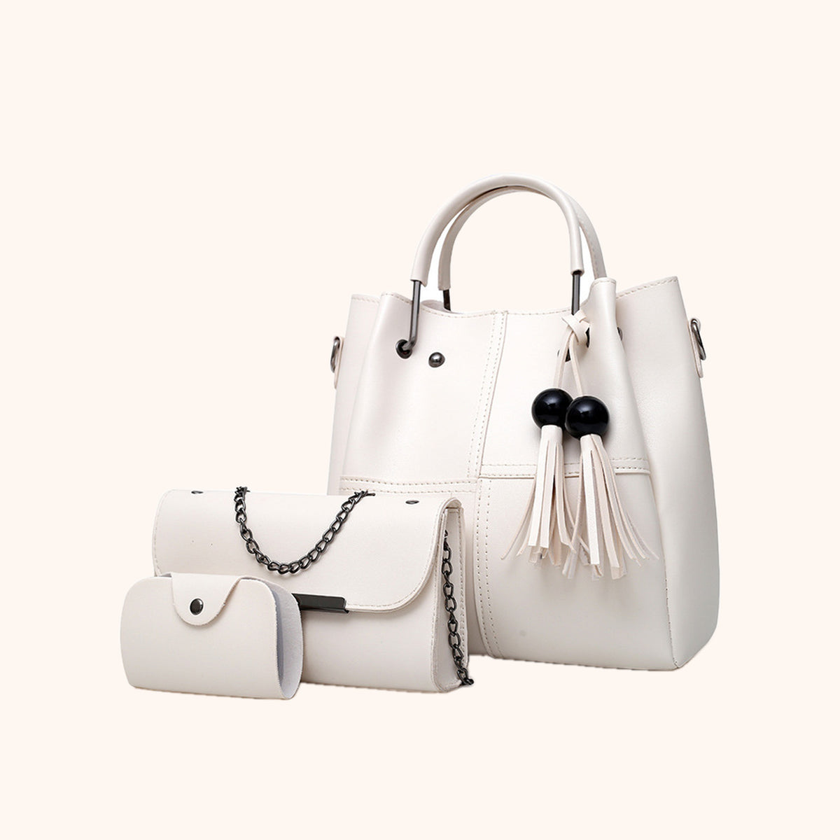 Sac Cabas 3 Pièces à Pompons - Blanc - La Maison Cabas