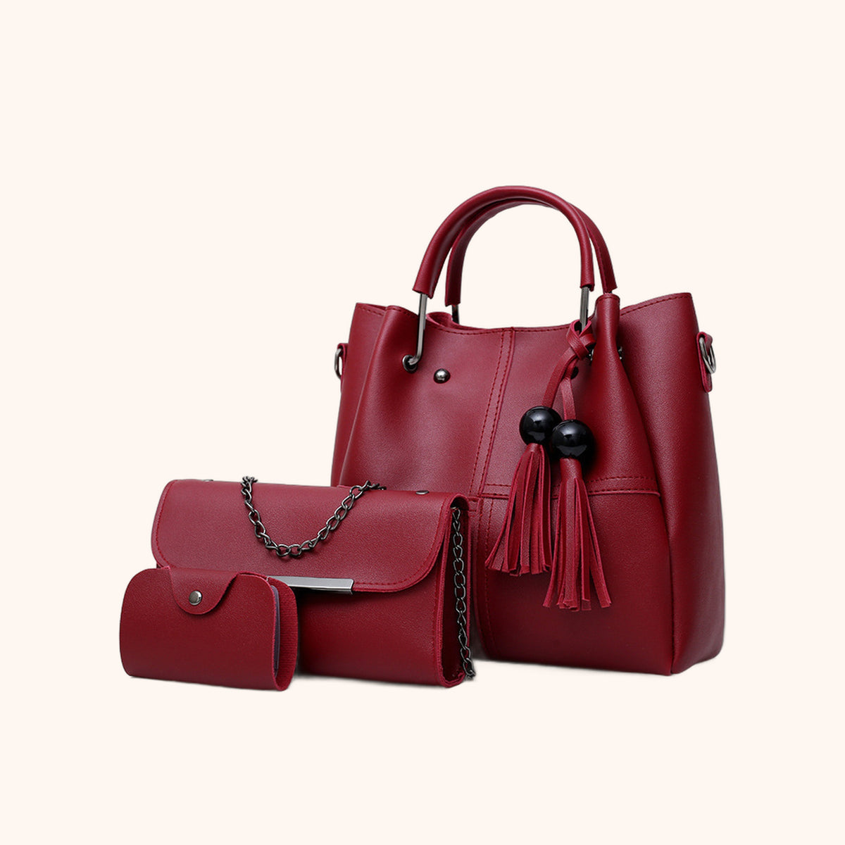 Sac Cabas 3 Pièces à Pompons - Bordeaux - La Maison Cabas