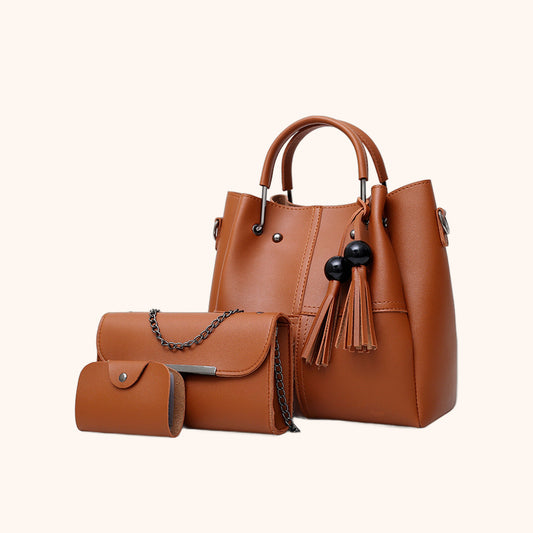 Sac Cabas 3 Pièces à Pompons - Camel - La Maison Cabas
