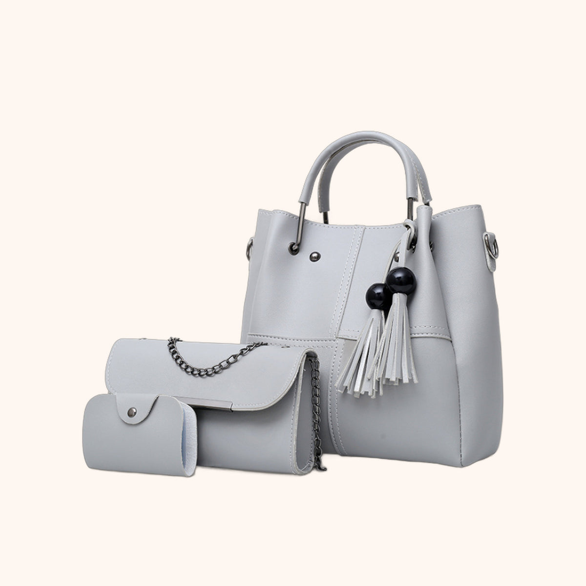 Sac Cabas 3 Pièces à Pompons - Gris - La Maison Cabas