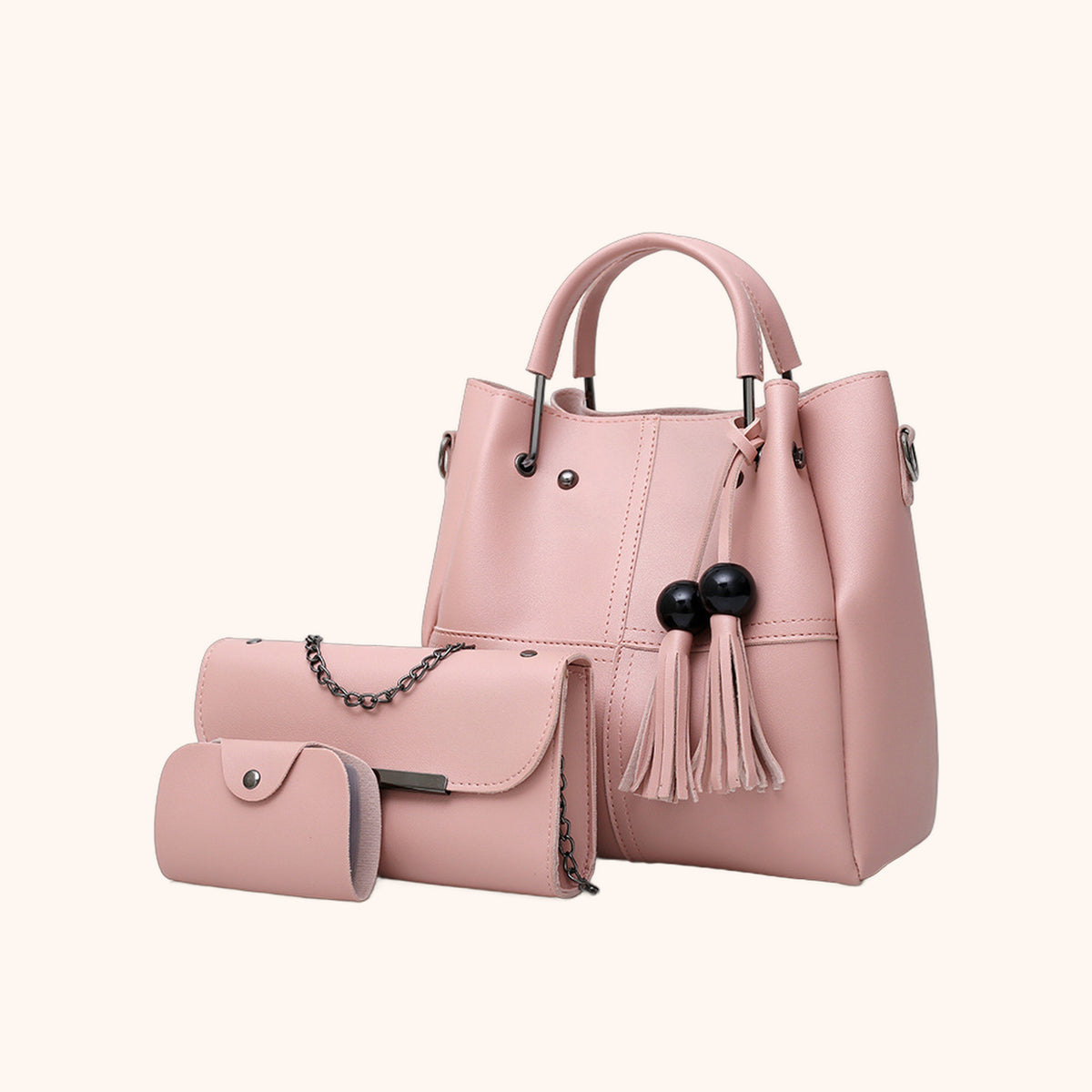 Sac Cabas 3 Pièces à Pompons - Rose Poudré - La Maison Cabas