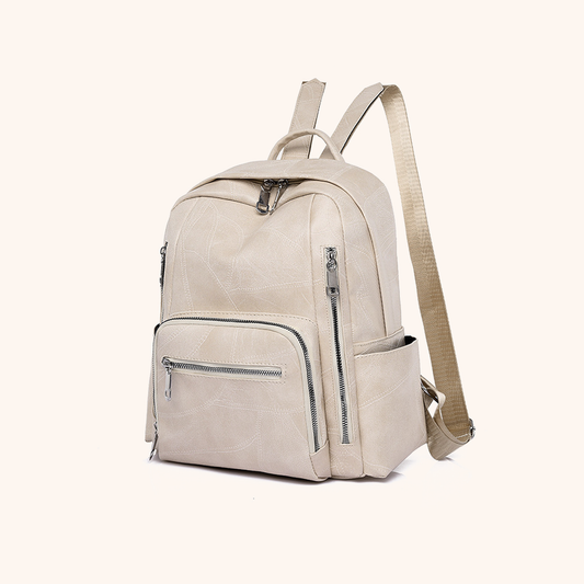 Sac à Dos Cuir Vegan Matelassé Multipoches, coloris Beige - La Maison Cabas