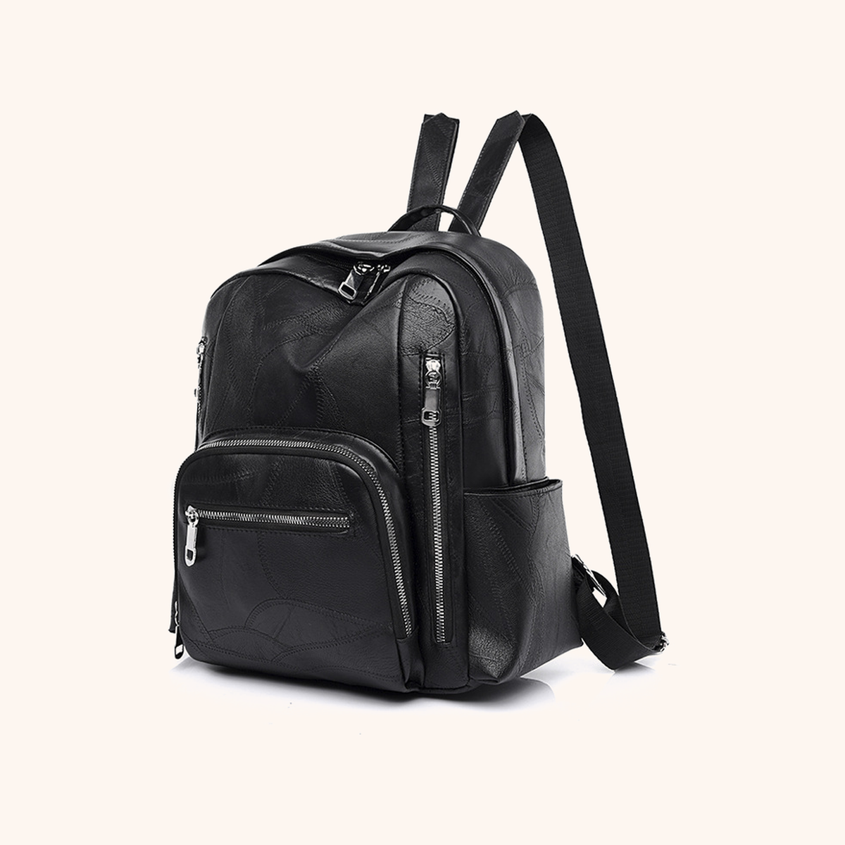 Sac à Dos Cuir Vegan Matelassé Multipoches, coloris Noir - La Maison Cabas