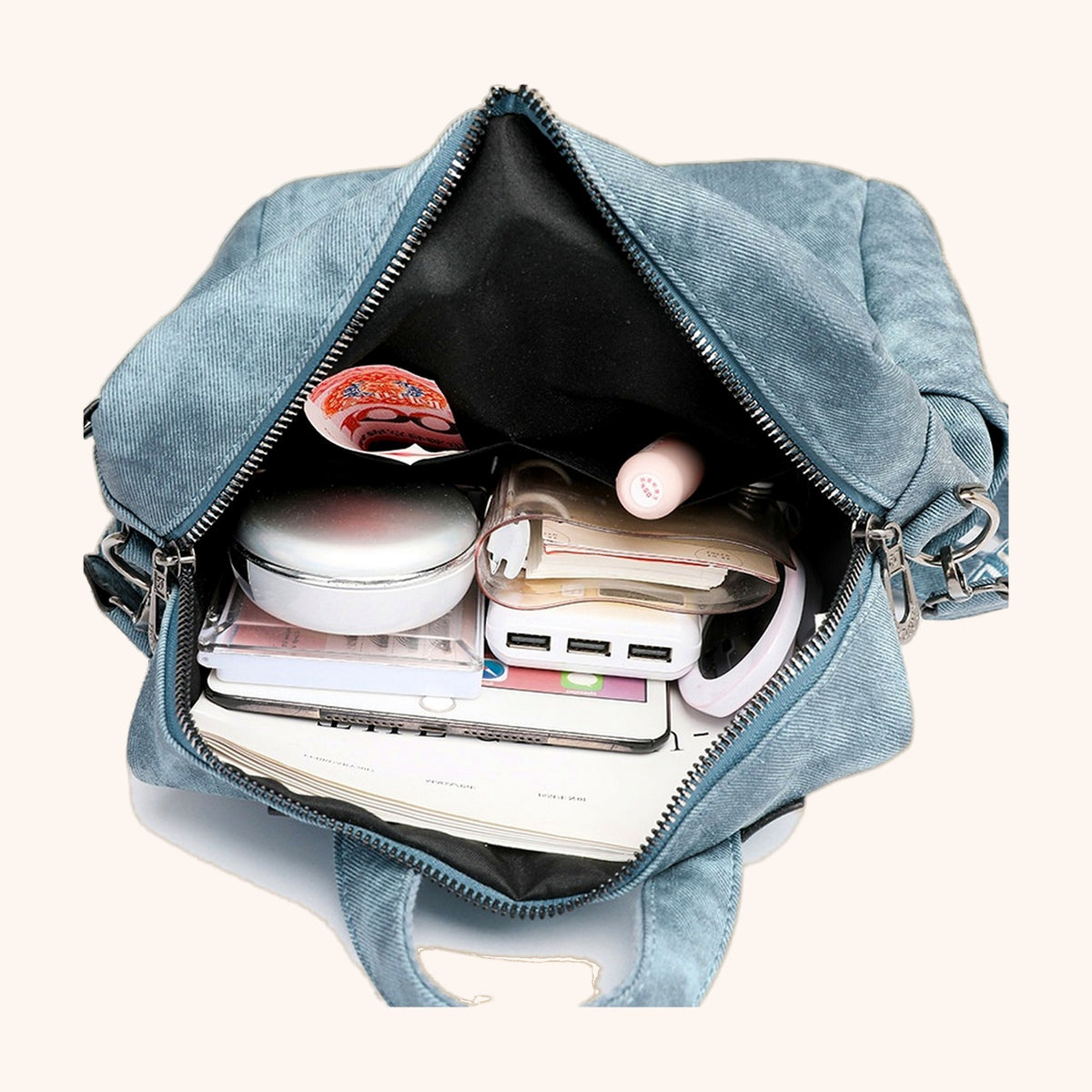 Sac à Dos Rétro Effet Délavé à Pompon en cuir vegan, vue intérieure - La Maison Cabas