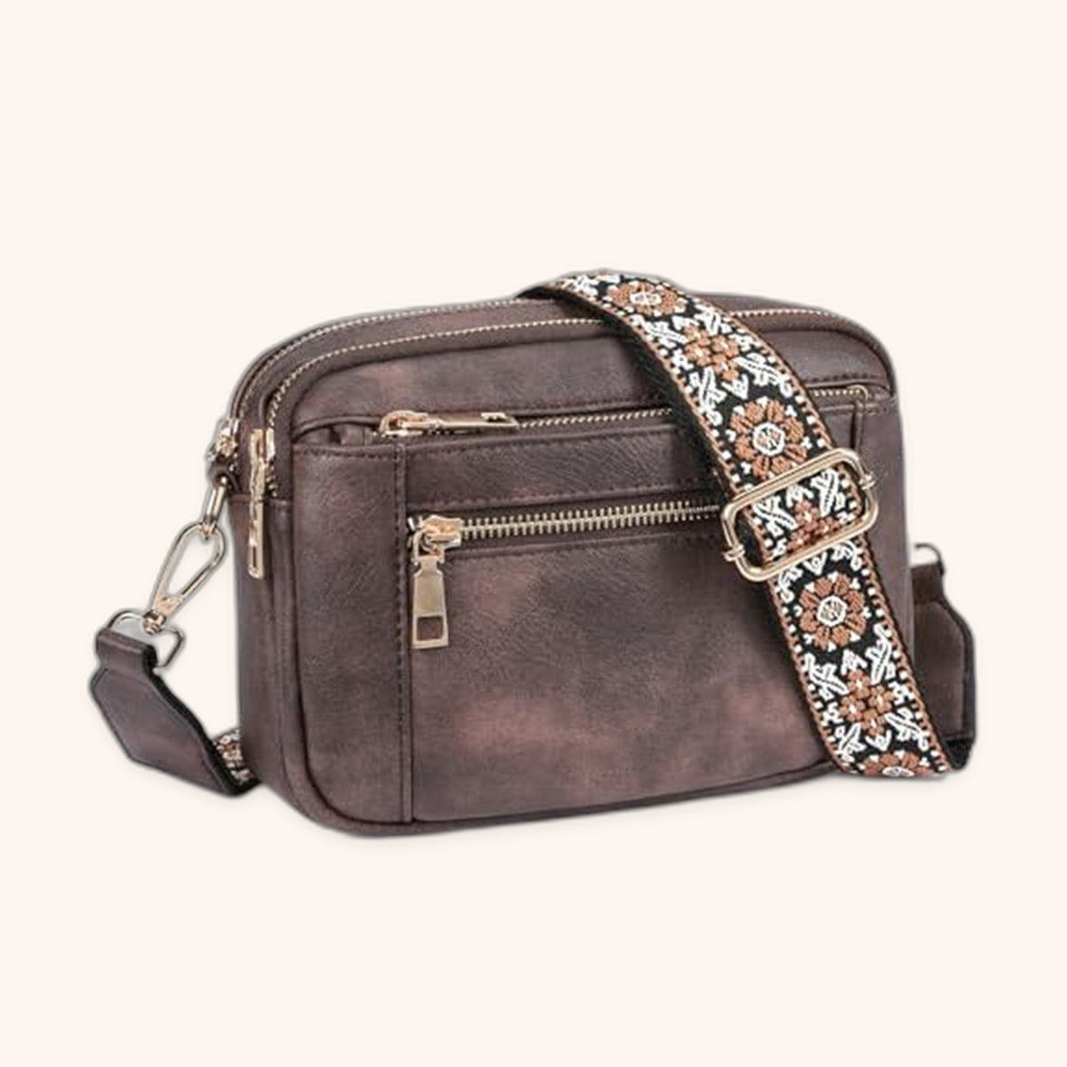 Sac Bandoulière Multipoches en cuir vegan, coloris Bronze - La Maison Cabas