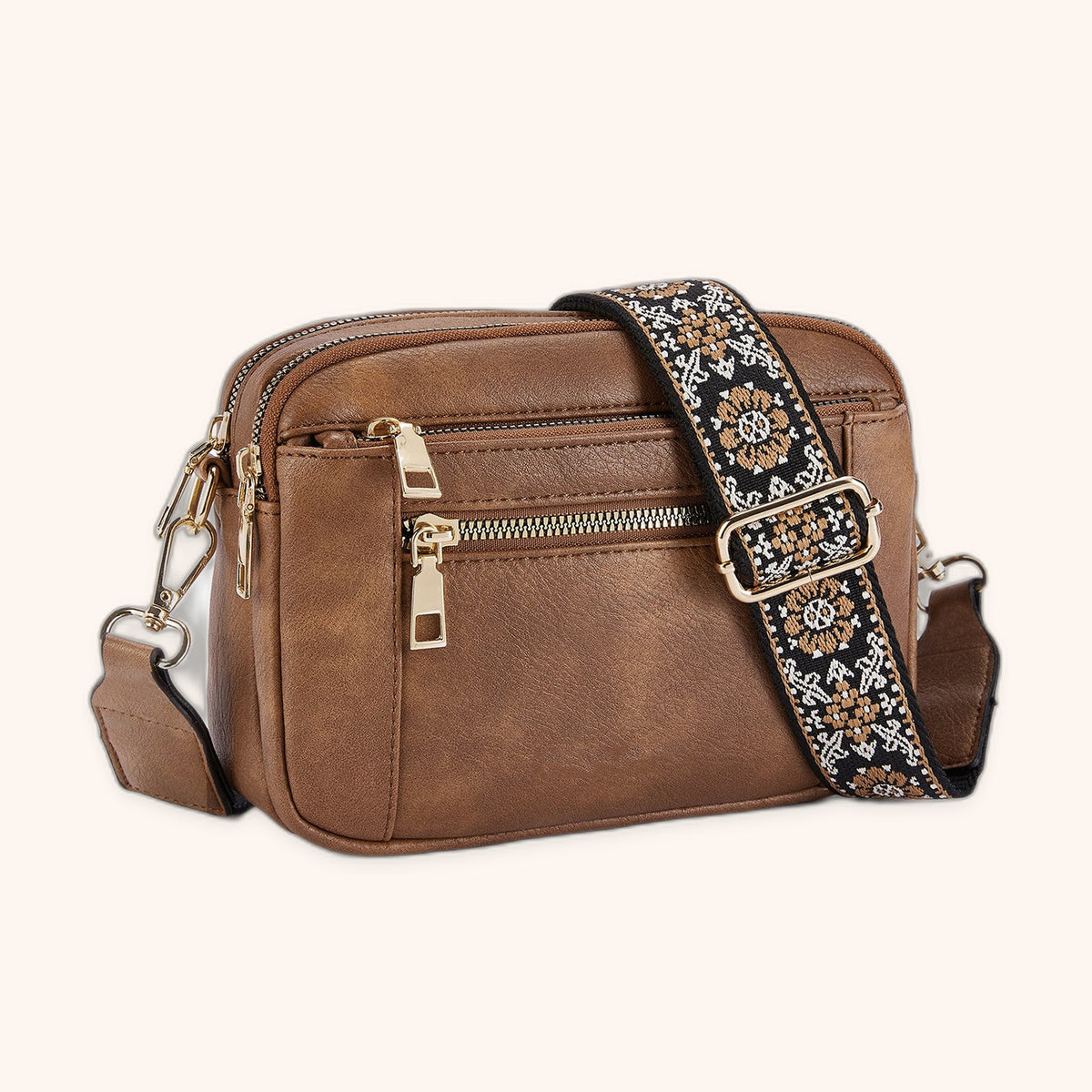 Sac Bandoulière Multipoches en cuir vegan, coloris Marron - La Maison Cabas