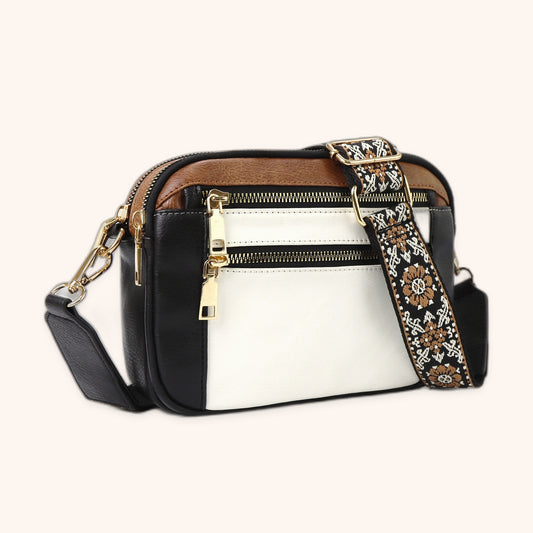 Sac Bandoulière Multipoches en cuir vegan, coloris Noir & Blanc - La Maison Cabas