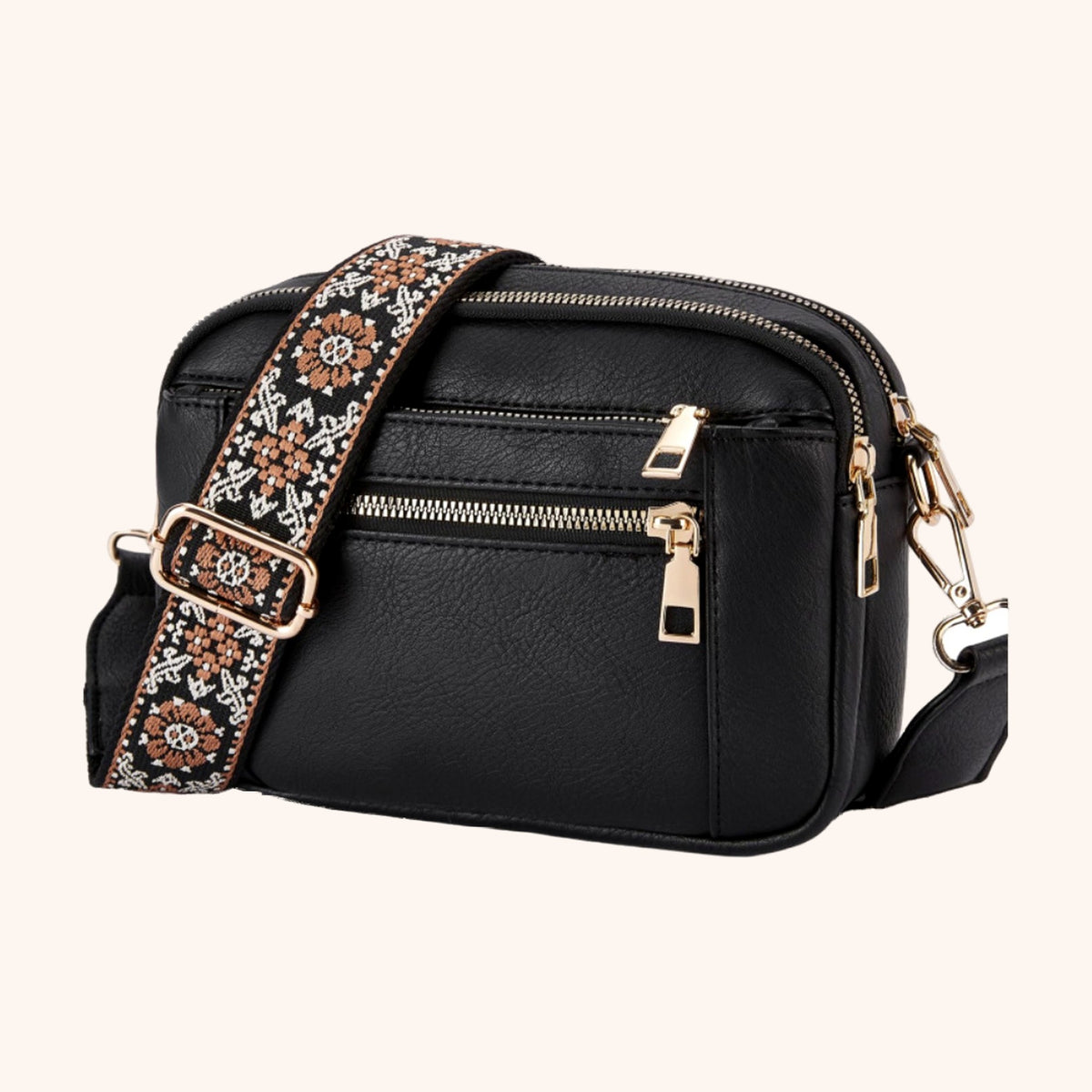 Sac Bandoulière Multipoches en cuir vegan, coloris Noir - La Maison Cabas