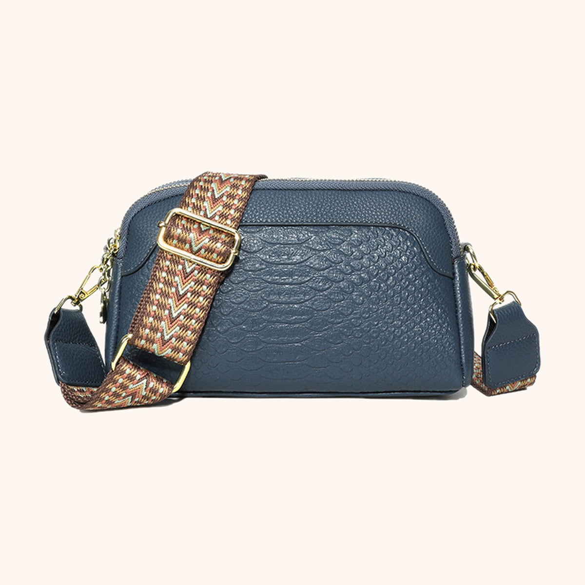 Sac Bandoulière Effet Python en cuir véritable, coloris Bleu Marine - La Maison Cabas