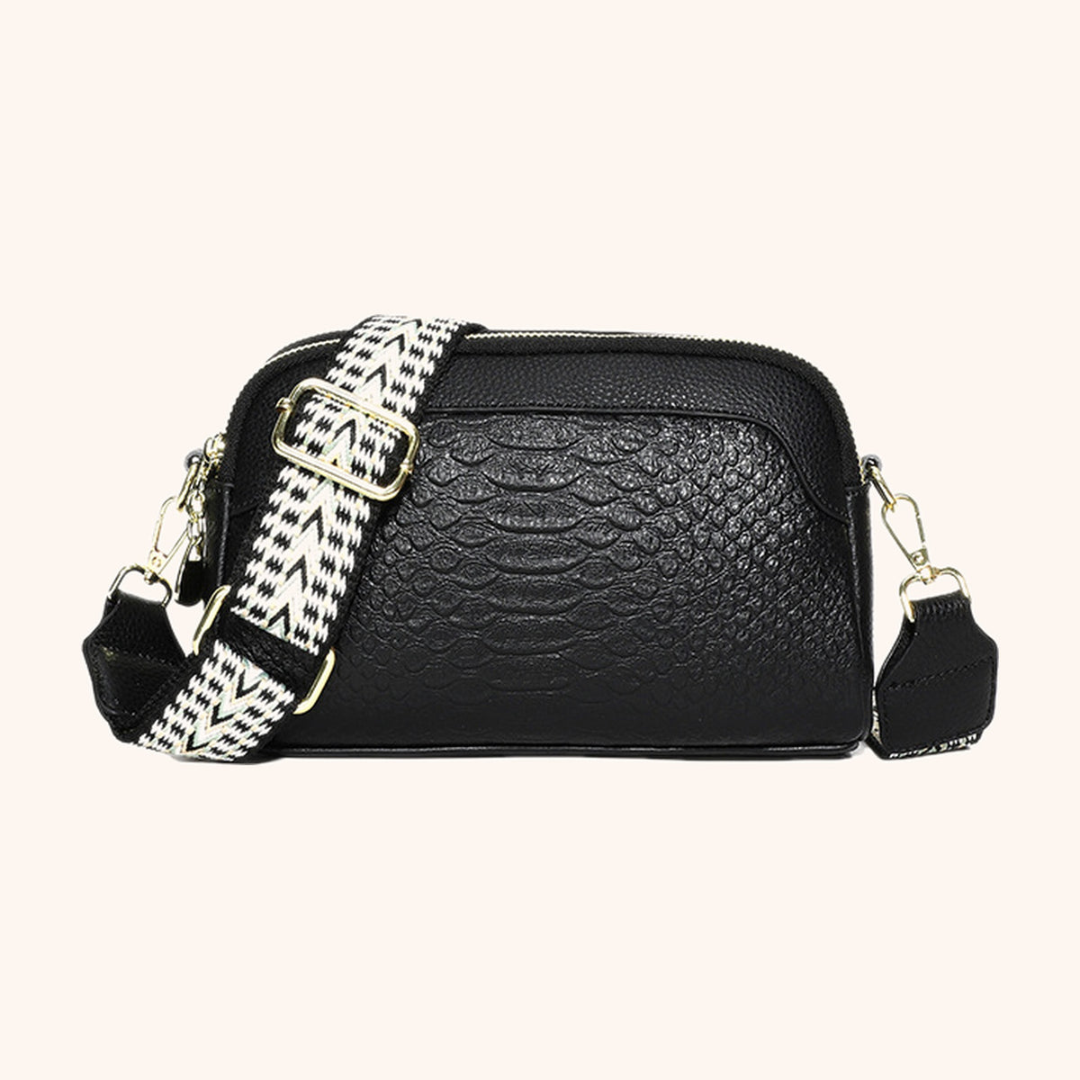 Sac Bandoulière Effet Python en cuir véritable, coloris Noir - La Maison Cabas