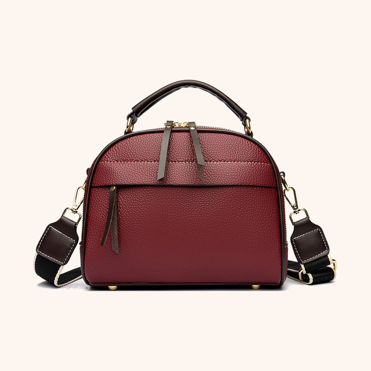 Sac à Main Bowling Cuir Grainé Bandoulière Amovible, coloris Bordeaux, vue de face - La Maison Cabas