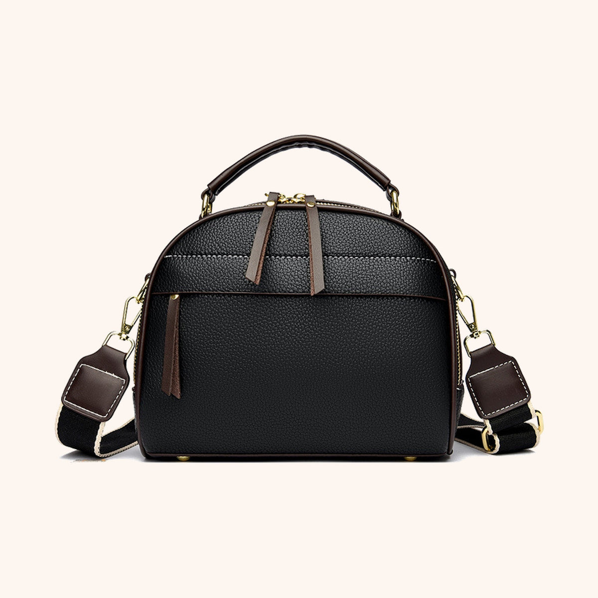 Sac à Main Bowling Cuir Grainé Bandoulière Amovible, coloris Noir, vue de face - La Maison Cabas