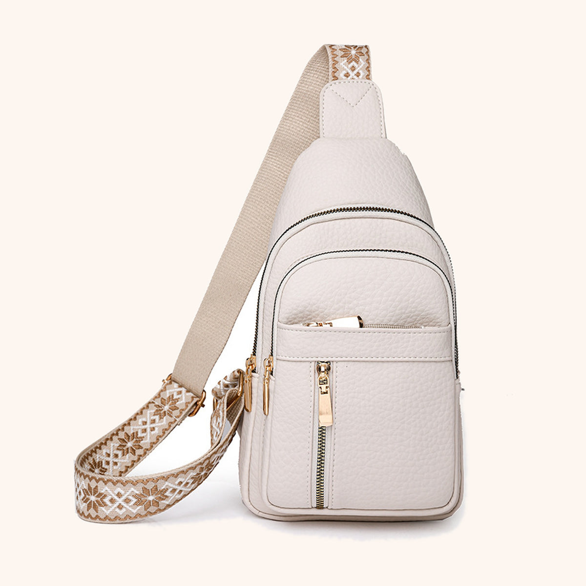 Sacoche Compacte Bandoulière Jacquard en cuir vegan, coloris Blanc - La Maison Cabas
